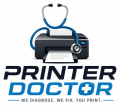 Printer Doctor logo featuring a printer and stethoscope symbol representing professional printer repair and maintenance services.