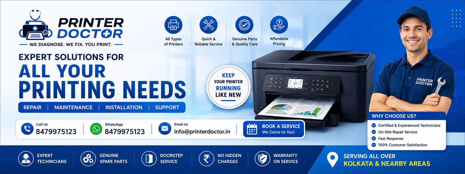 Printer Doctor repairing HP, Epson, Canon and Brother printers in Kolkata.