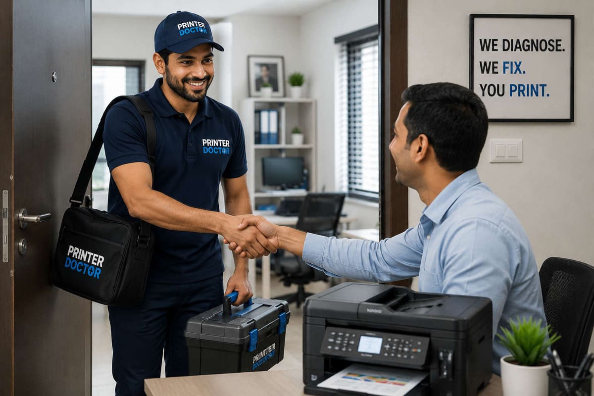Printer Doctor technician providing on-site printer repair service at a customer location in Kolkata.