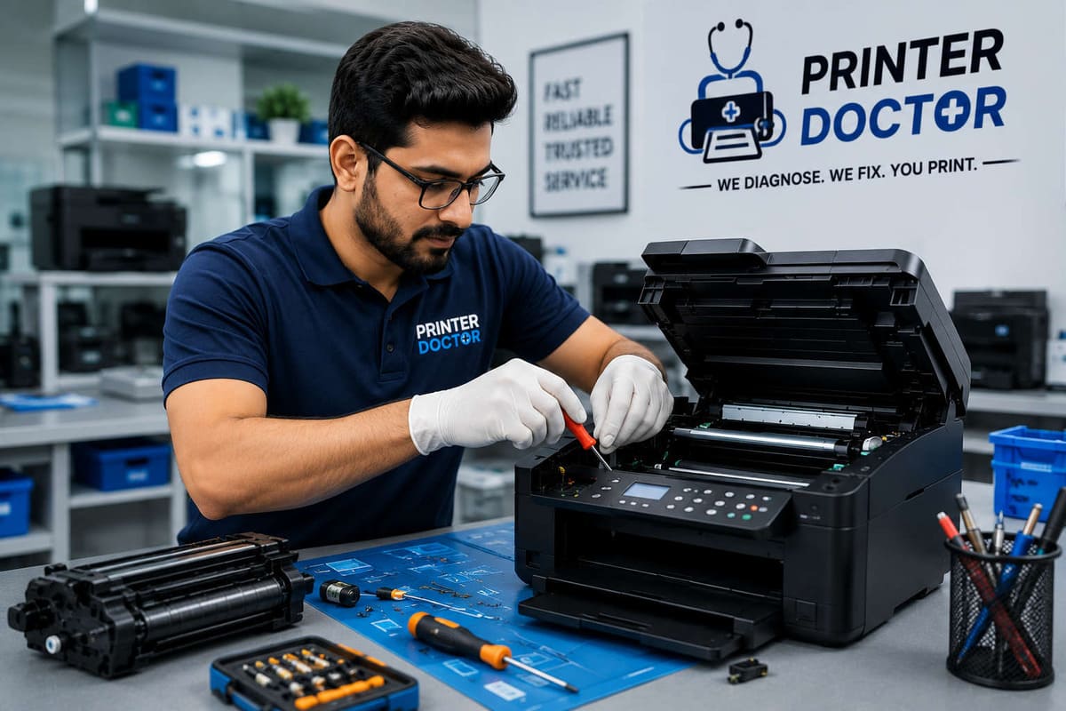 Printer Doctor technician repairing a multifunction printer in a professional workshop in Kolkata.